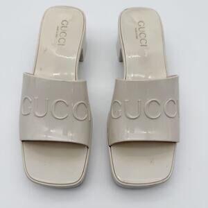 Gucci Sandals White Rubber Logo PVC Glossy Platform Mule Slide Size 39 Plastique